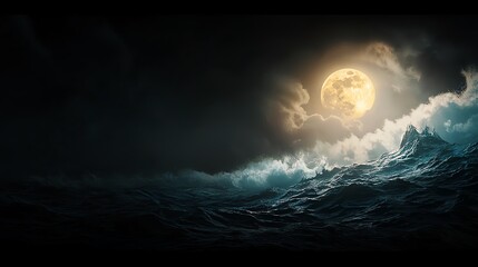 A dramatic night seascape featuring turbulent waves illuminated by a full moon, creating a captivating contrast against a dark sky, evoking a sense of mystery and calm.