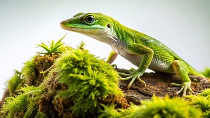 Fototapeta premium Green Anole Lizard on Branch, Vivid Color Reptile Stock Photo