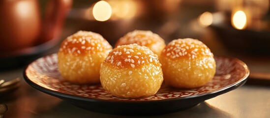 Sesame Balls on Decorative Plate in Warm Ambient Lighting
