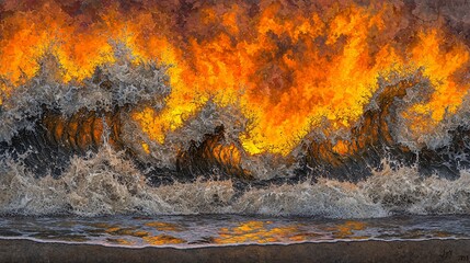 dramatic sunset over a beach with large waves crashing against the shore, and the sky filled with fiery orange and yellow hues Sunset.Sunrise over a beach 