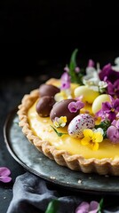 Lemon tart with a topping of Easter egg-shaped chocolates and edible flowers. pic
