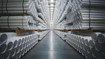 Fototapeta premium PVC Pipes Stacked in Warehouse, Neatly Arranged in Rows with Uniform Cylindrical Shape, Industrial Setting with a Focus on the Smooth Surface and Clean Finish of the Pipes