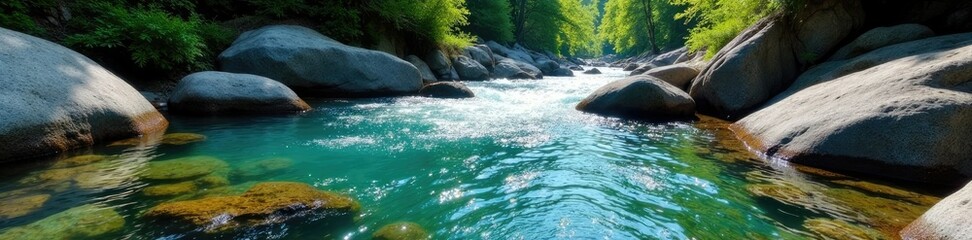 crystal clear river flowing through mountain rocks, freshwater rivers, peaceful river