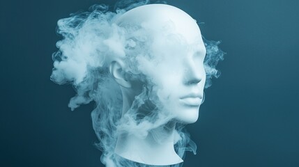 A surreal image of a faceless mannequin surrounded by swirling smoke against a blue background, evoking themes of mystery and ambiguity.