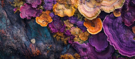 Fototapeta premium Vibrant Multicolored Mushrooms Growing on Tree Trunk in Natural Forest Setting