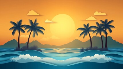 Obraz premium Tropical Sunset Beach Scene with Palm Trees