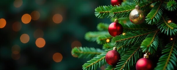 Obraz premium evergreen branches intertwined with glass ornaments, tree, holiday