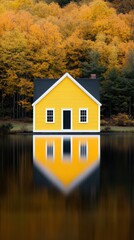 Fototapeta premium Autumn reflections rustic cabin by tranquil lake nature landscape cinematic serenity vibrant foliage