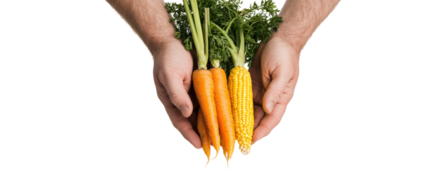 Freshly Harvested Carrots and Corn in Hands Isolated on White Background