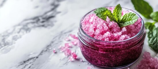 Glass jar of homemade pink sugar scrub with mint on marble background with scattered scrub and mint leaves.