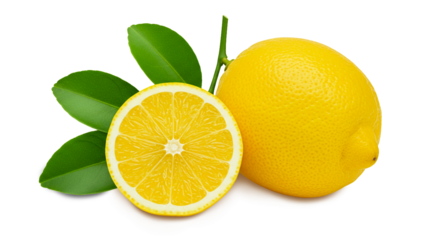 closeup of fresh yellow lemon lime citrus fruit with leaves isolate cutout in transparent background, png format