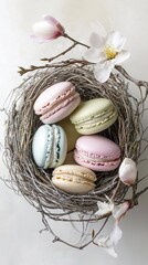 Macarons in soft Easter hues, displayed in a nest-like arrangement. pic