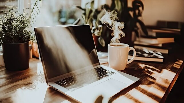 Laptop on a wooden desk with a steaming cup of coffee and indoor plants in a bright, home office setting.