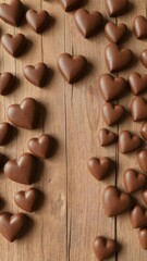 Fototapeta premium Handmade chocolate candies in heart shapes on a rustic wooden background, rustic, heart