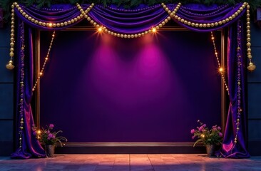 A bold Mardi Gras-themed storefront display featuring a large purple and gold mask, shimmering beads