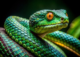 Green Tree Viper in Northern Thailand Rainforest - Striking Reptile Close-Up