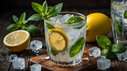 Glass of lemon mint water with ice cubes served on a wooden table, a refreshing citrus beverage.