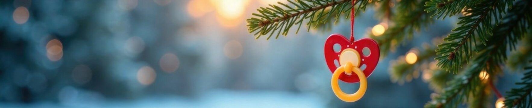 Hanging pacifier from a Christmas tree branch, winter, garland