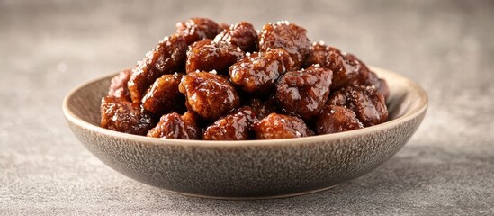 Obraz premium Fried chocolate covered dough balls in a decorative bowl on a textured surface with Copy Space