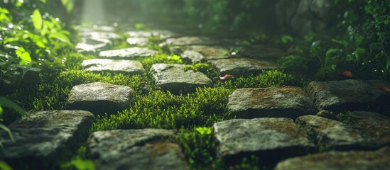 Naklejka premium Moss covered stone pathway in a sunlit garden with green foliage and soft light creating a serene atmosphere. Copy Space