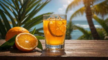 Glass of fresh orange juice served on a wooden table with a tropical beach background.