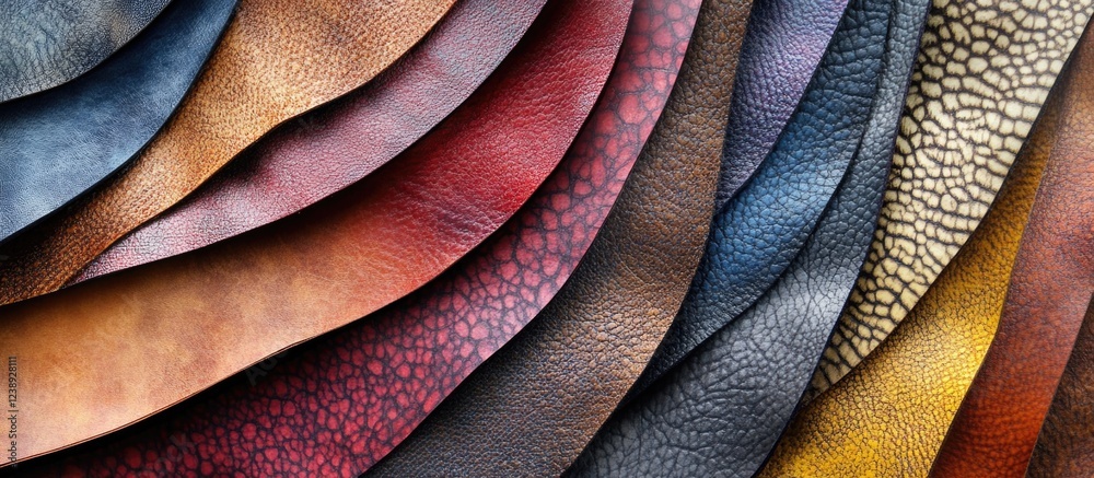 Poster collection of colorful textured leather pieces displayed in overlapping layers with copy space for t