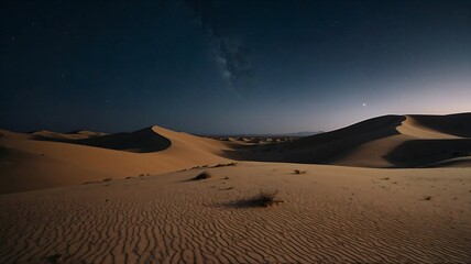 Scenic desert landscape with rippled sand dunes under a dramatic dark sky, tranquil natural setting.
