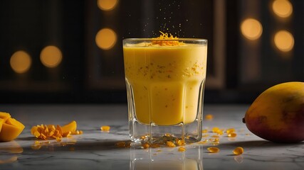 Glass of mango smoothie garnished with turmeric and spices, a vibrant and healthy tropical drink.