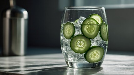 Glass of cucumber-infused water with ice cubes in natural lighting, a healthy detox beverage.