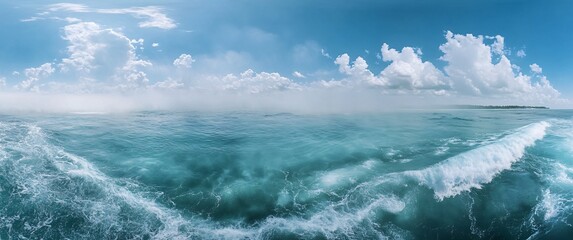 Fototapeta premium Vast ocean waves under a blue sky with white clouds