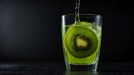 Kiwi fruit cocktail with ice cubes and green garnish served in a tall glass, refreshing exotic drink.