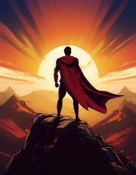 Superhero in red flowing mantle stands on a rocky hilltop gazing at the dusk. Surreal comics scene, mysterious and heroic atmosphere
