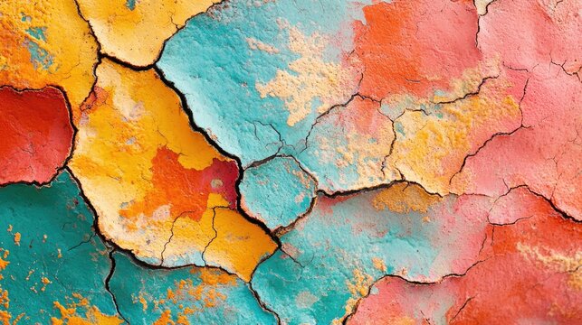 Colorful cracked texture of weathered paint on a wall with vibrant hues of yellow, red, orange, and turquoise suitable for background design Copy Space