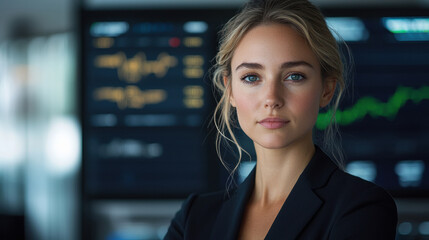 Obraz premium Professional woman in business attire with financial market background and copy space