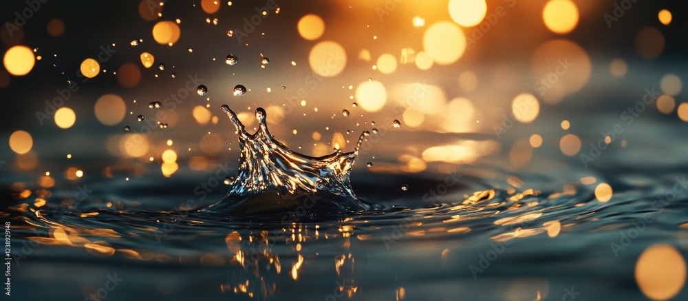 Fototapete Water splash with bokeh background creating a dynamic texture and light play in an abstract setting with reflection and depth. Copy Space