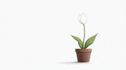 Minimalist Illustration of a Single Tulip Plant in a Brown Pot on a Light Background
