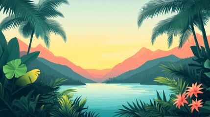 Serene Tropical Sunset Landscape with Mountains and Lake
