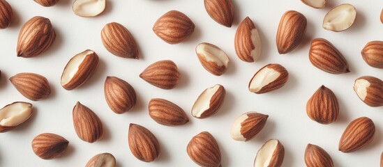 Brown almond shells scattered on a light background with some halves removed and copy space for text