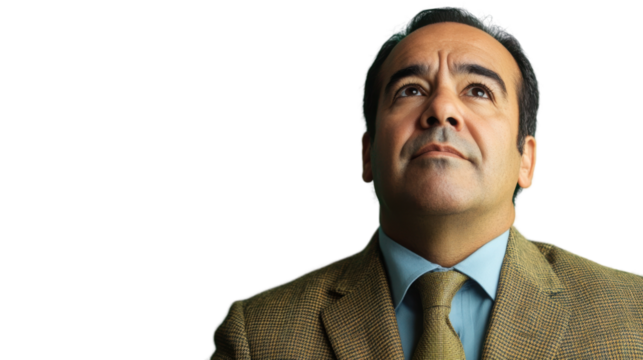 Pensive businessman looking up on transparent background