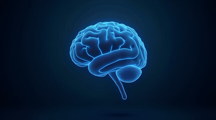 Digital 3d human brain Support healthy brain wireframe blue geometric connections glowing low poly design on dark blue background. 