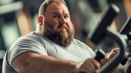 Obraz premium Funny fat man do fitness routine at sport gym. Strength and focus, engaging with equipment. Hard work, perseverance. Health care, motivational content. Fatty sad guy try lose weight. Obesity problem.
