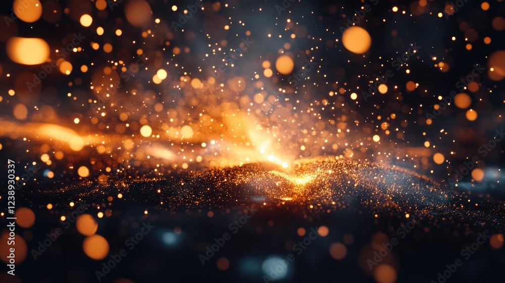 Wall mural abstract golden particles and glittering lights on a dark background with a luminous glow and soft f