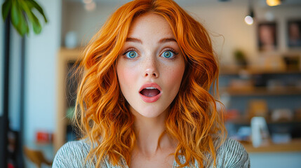 Naklejka premium A young woman with striking orange hair looks amazed in a cozy cafe filled with soft lighting and inviting decor