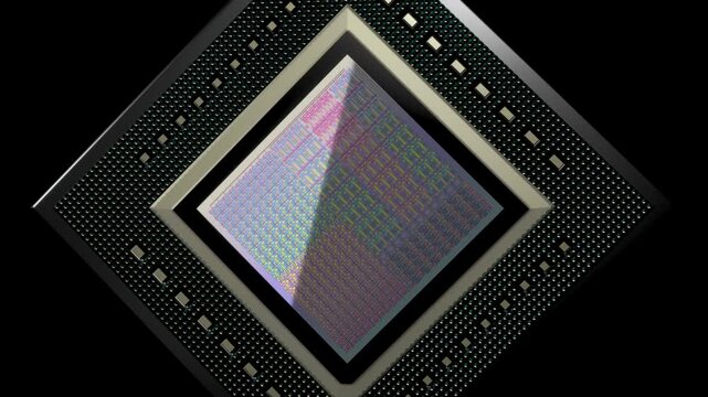 Turning graphic chip on black background. 3d animation