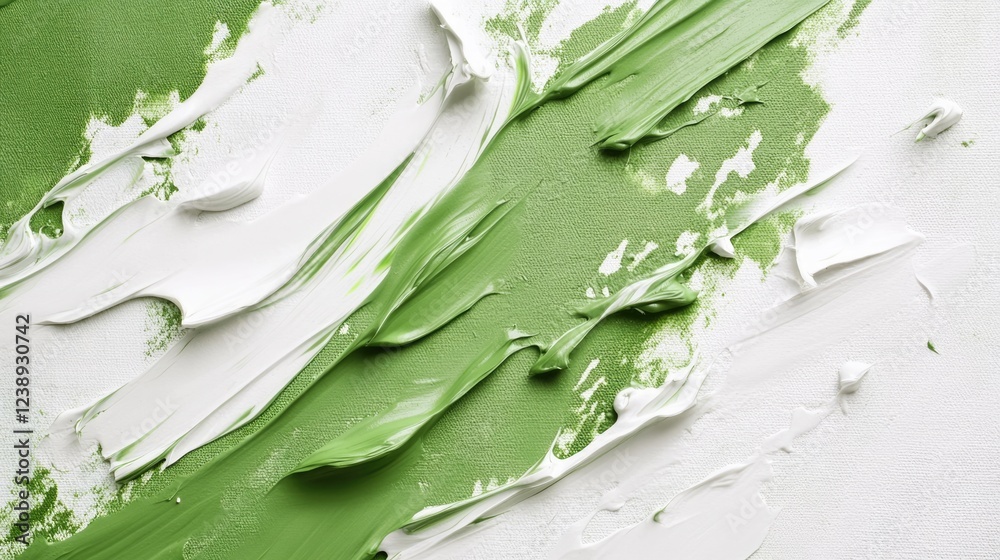 Poster green and white paint texture on canvas background with visible brush strokes and abstract patterns 