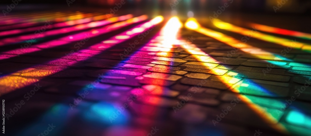 Poster colorful light reflections on textured surface with geometric patterns and vibrant hues creating an 