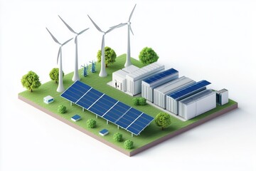 Isometric 3D render of wind turbines solar panels and a battery bank isolated on a white background Depicts alternative renewable power generation and electricity production 