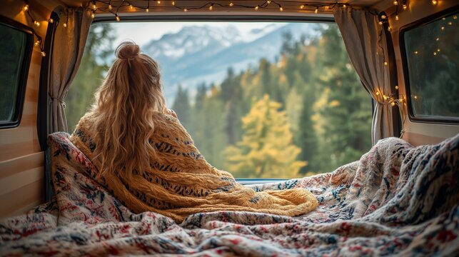 A young woman wrapped in a cozy mustard blanket gazes out of a camper van window at a breathtaking mountain view. The twinkling fairy lights and rustic bedding create a dreamy and serene travel