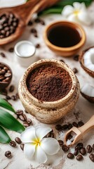 Natural coffee scrub mask with ground coffee and coconut oil in a clean spa setting. pic