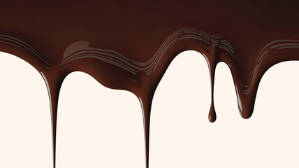 A Smooth, Glossy, and Dark Brown Liquid, Possibly Chocolate, Dripping and Pooling in a Wavy Pattern, with Intricate Droplets Hanging Down, Creating Depth and Dimension, Isolated on White Background